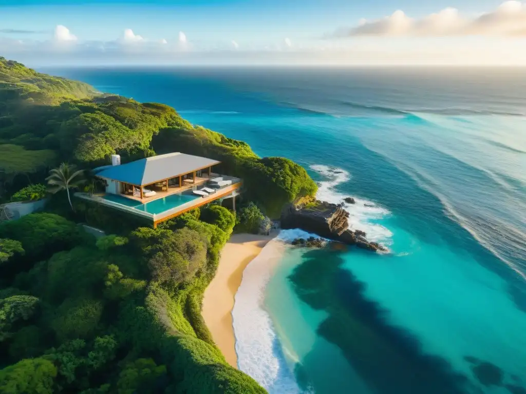 Mansión de lujo en acantilado con vistas al mar y surfistas Propiedades costeras de lujo con vistas al mar, piscina infinita y surfistas disfrutando de las olas
