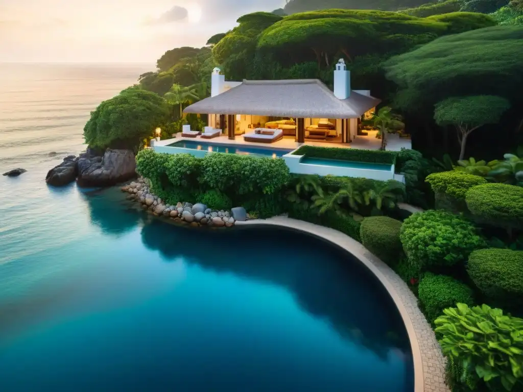 Propiedad costera de lujo con piscina infinita frente al mar Decoración de exteriores propiedades costeras: lujosa propiedad junto al mar con piscina infinita y jardines tropicales al atardecer