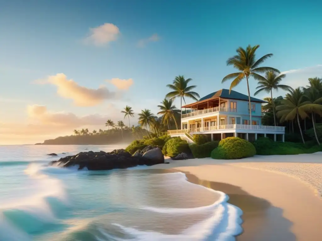 Villa de lujo en la costa al atardecer: escapada idílica junto al mar Fotografía de propiedades costeras: Una lujosa villa frente al mar al atardecer, con ventanas grandes que dan a la playa y al océano
