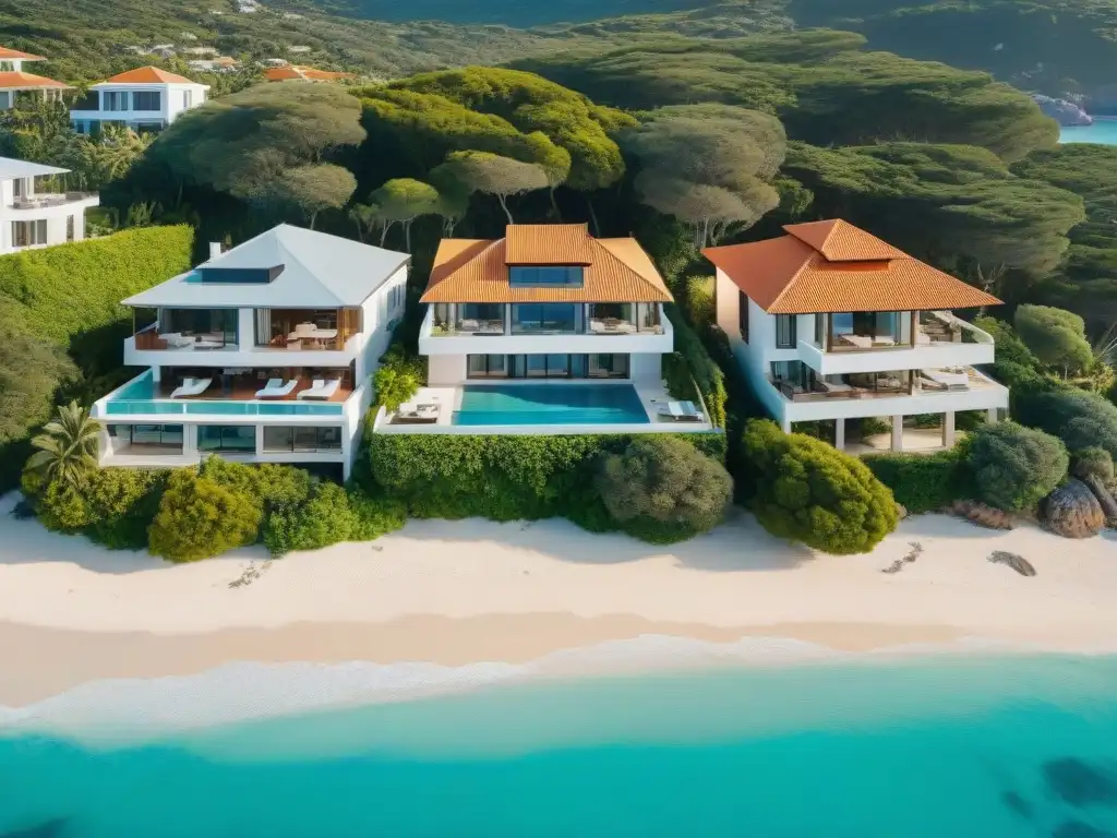 Comparación de villas de lujo en la costa: moderna vs Comparación de propiedades costeras: dos lujosas villas frente al mar, una moderna y otra tradicional, resaltando la importancia de los comparadores de precios propiedades costeras