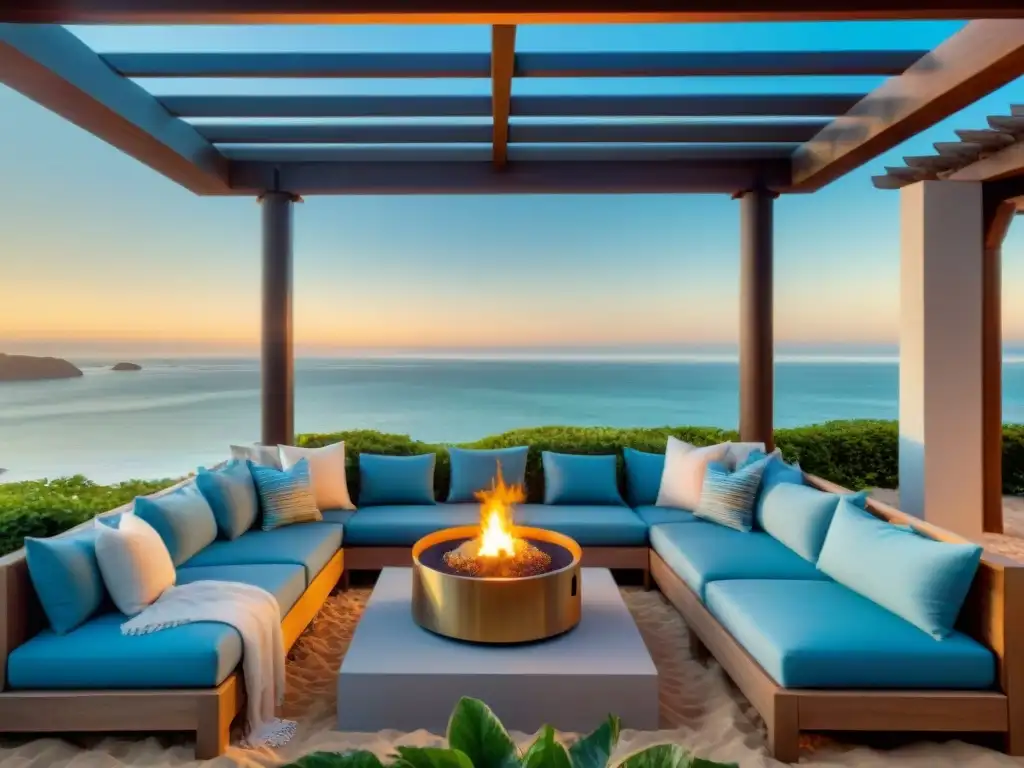 Terraza de lujo frente a la playa: muebles modernos, fuego y brisa dorada Decoración de exteriores propiedades costeras: lujoso patio con vista a la playa, muebles modernos y detalles en azul sereno bajo la luz dorada