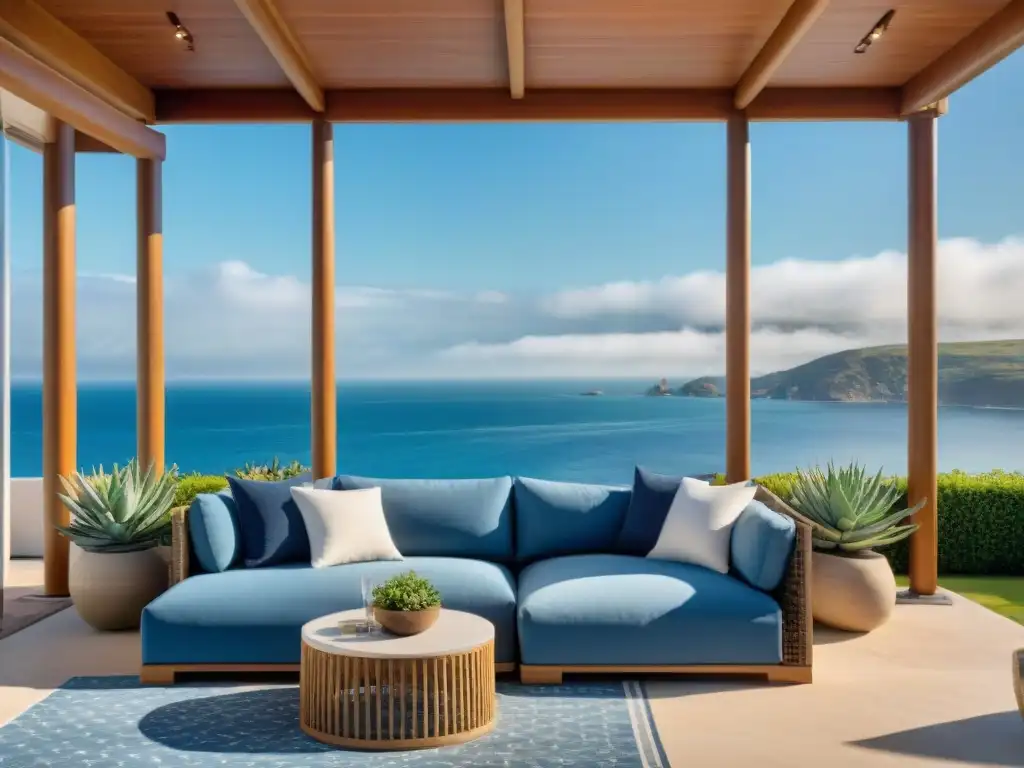 Terraza costera de lujo con vista al mar Decoración de exteriores propiedades costeras: lujoso patio con sofá, cojines azules, mesa de café elegante, plantas y vista al mar