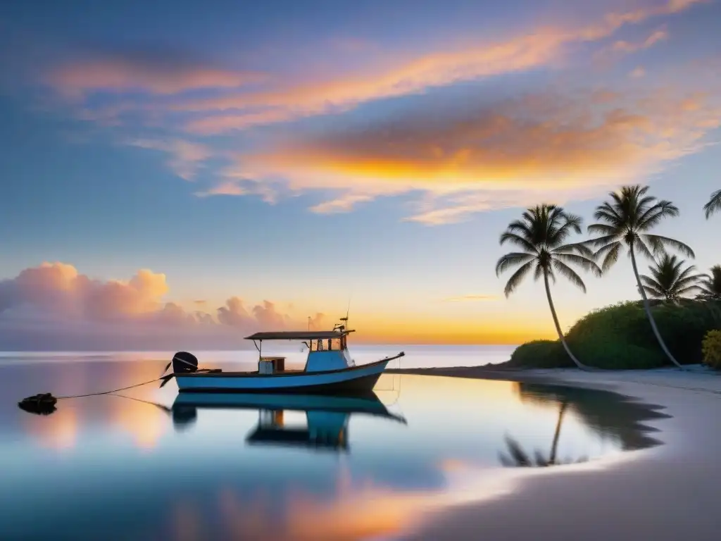 Paraíso costero al amanecer: paz y belleza en el mar Fotografía de propiedades costeras al amanecer con luz dorada sobre el océano tranquilo y palmeras siluetadas