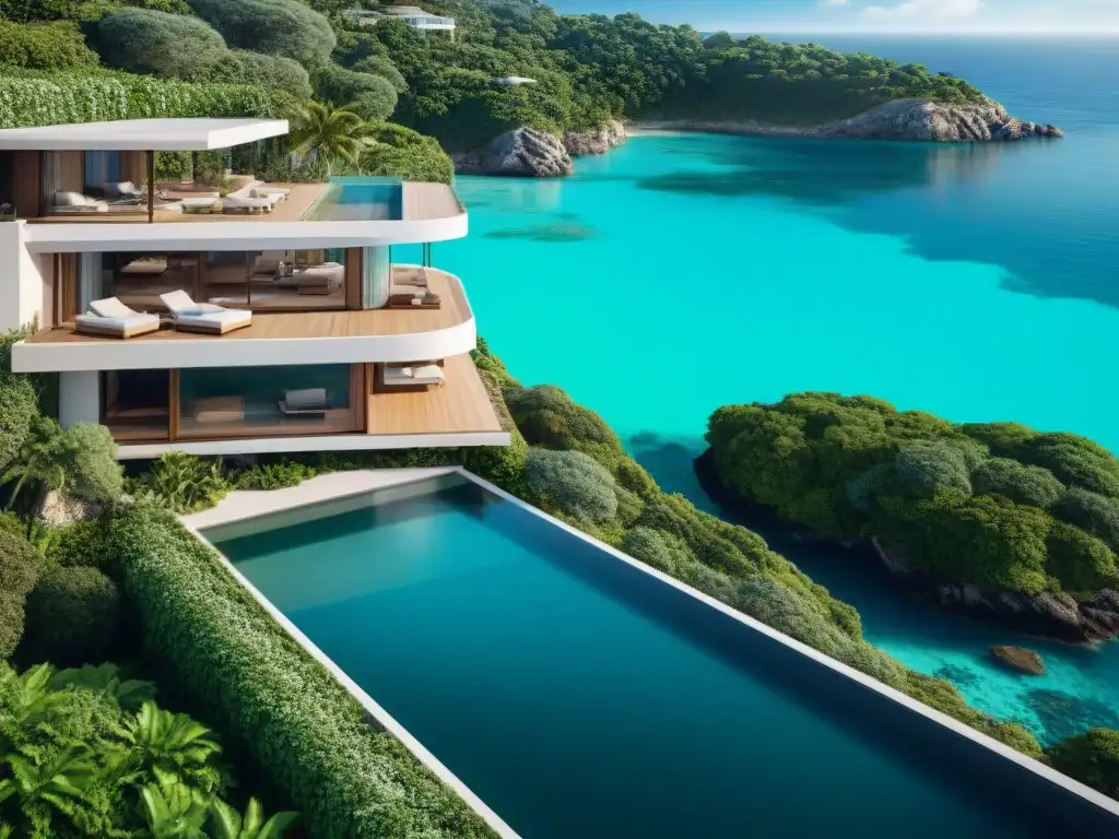Propiedad costera de lujo: diseño moderno frente al mar Visualización en 3D de propiedades costeras: Moderna casa junto al mar rodeada de exuberante vegetación y aguas turquesas cristalinas