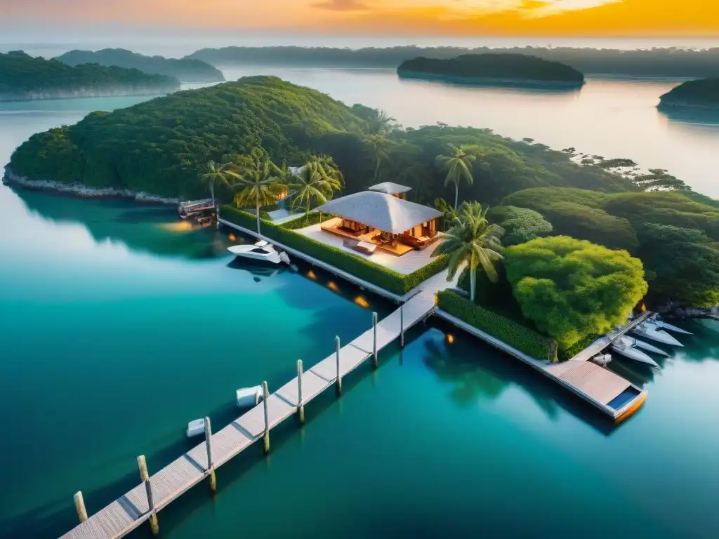 Propiedad costera de lujo con muelle privado y yate Propiedades costeras con muelle privado: Vista aérea de lujo, arquitectura elegante y paisaje sereno