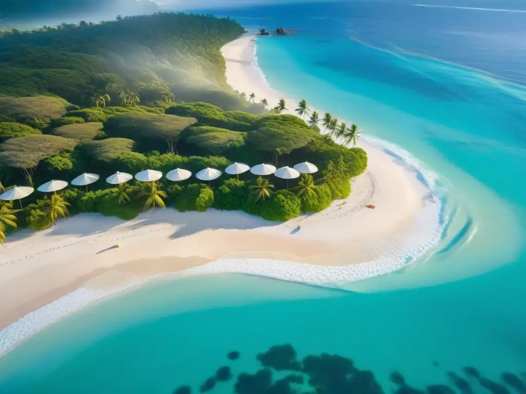 Costa paradisíaca al atardecer: serenidad y belleza en 2023 Propiedades costeras perfectas 2023: Costa prístina bañada por aguas turquesas, playas blancas y palmeras verdes al atardecer dorado