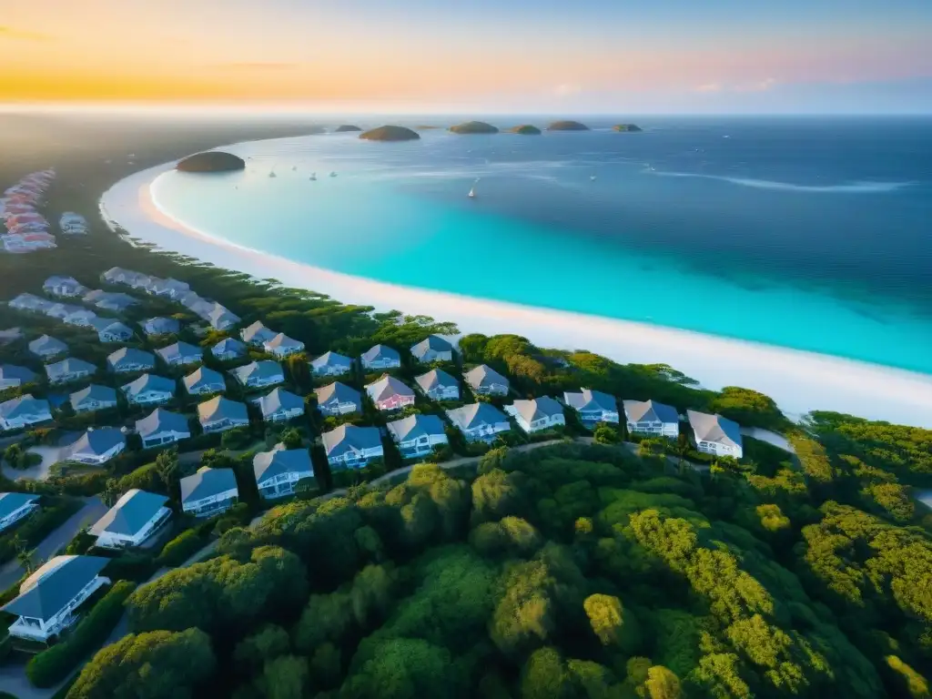 Paraíso costero: atardecer dorado en pueblo playero Propiedades costeras para mudarse: Pintoresco pueblo costero con playas de arena blanca, aguas turquesas y atardecer dorado