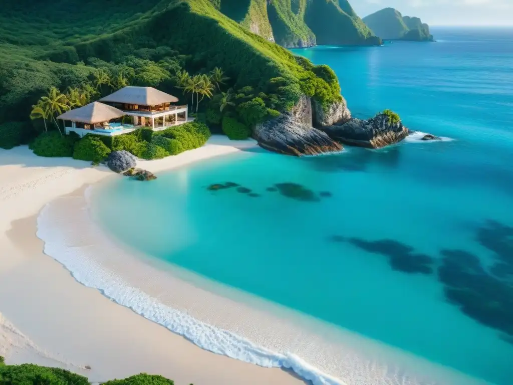 Paraíso exclusivo: villa de lujo frente al mar en acantilados verdes Propiedades costeras playas privadas: Vista aérea de villa lujosa en acantilados verdes y aguas turquesas cristalinas
