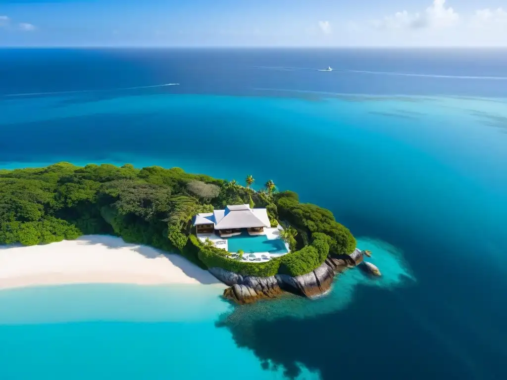 Propiedad costera exclusiva: lujo y relax frente al mar Propiedades costeras privadas exclusivas: lujosa vista aérea con piscina infinita y yate anclado en aguas turquesas