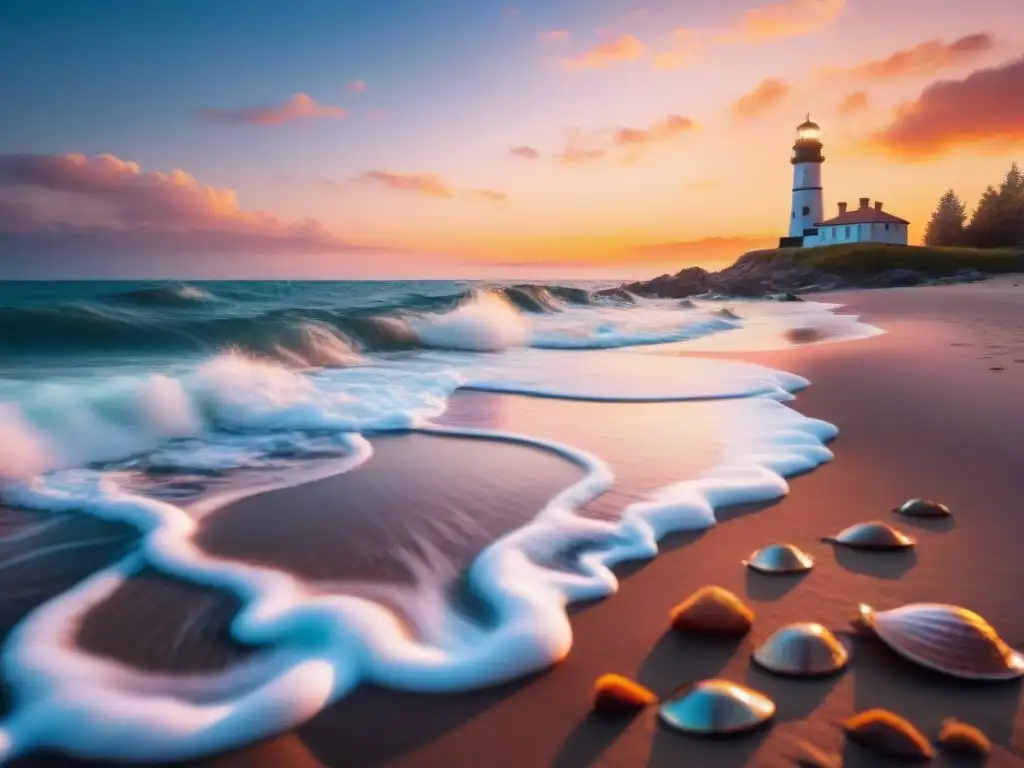 Paisaje costero al atardecer: 8k detallado con oleaje y faro Propiedades costeras en realidad virtual: paisaje sereno al atardecer con olas suaves, cielo colorido y gaviotas en vuelo