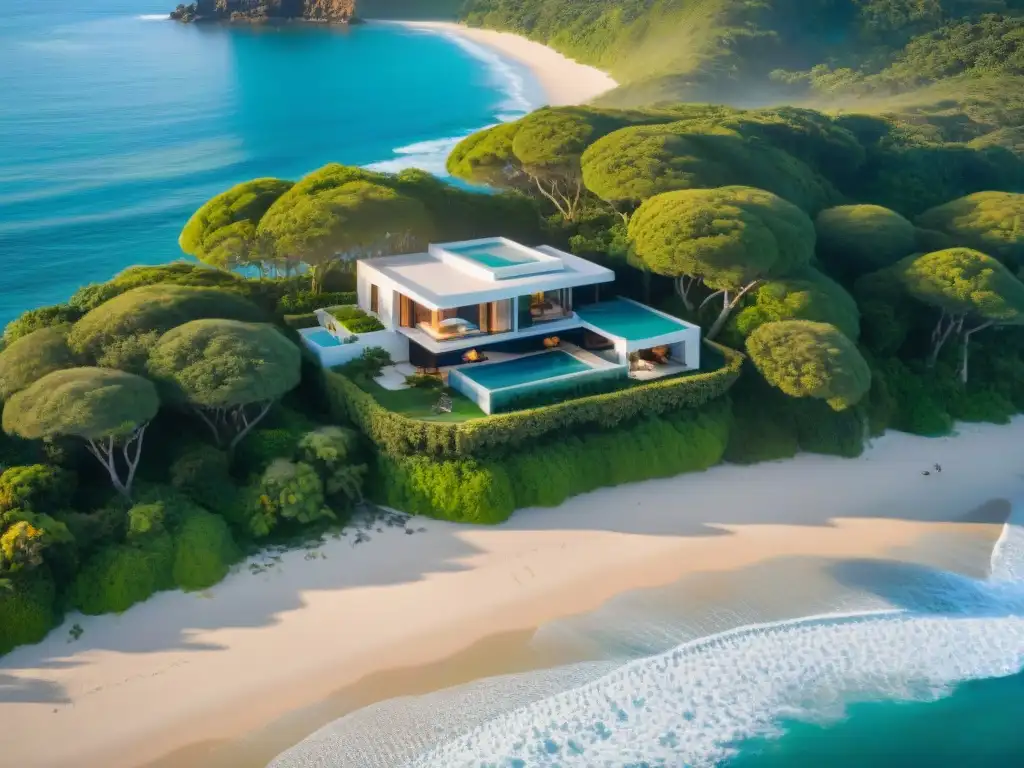 Invertir en propiedades costeras: Residencia lujosa en la costa al atardecer, diseño moderno rodeado de vegetación exuberante y mar brillante