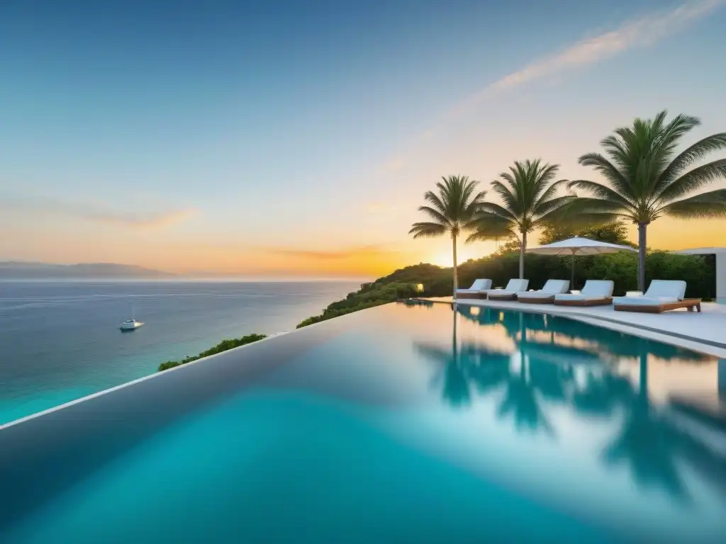 Villa de lujo en playa paradisíaca: inversión exclusiva Inversión en propiedades costeras no residentes: Vista espectacular de villa playera de lujo con piscina infinita y muelle privado al atardecer