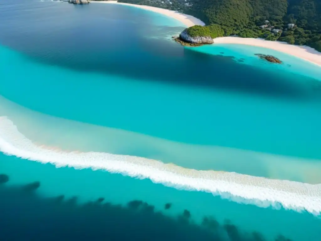 Costa lujosa: propiedades frente al mar en paraíso tropical Propiedades costeras rodeadas de palmeras y aguas turquesas, resaltando la necesidad de seguros para propiedades costeras