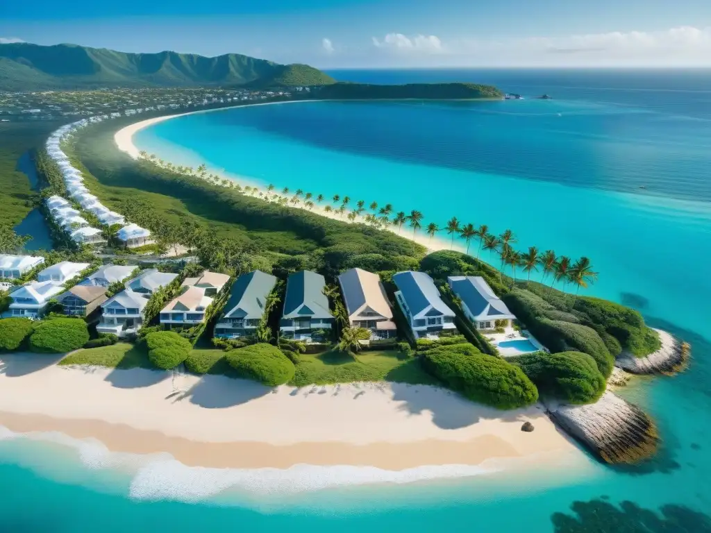 Costa paradisíaca: propiedades de lujo junto al mar Inversión en propiedades costeras seguras: Fotografía aérea de costa serena con aguas turquesas y palmeras
