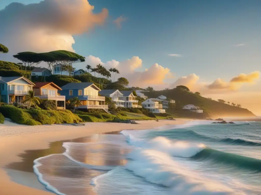 Propiedades costeras seguras al atardecer: inversión serena Inversión en propiedades costeras seguras: Hermosa vista al atardecer de casas frente al mar con modernas medidas de seguridad