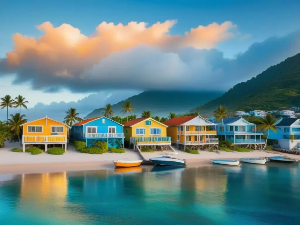 Pueblo costero: atardecer sereno con casas coloridas Propiedades costeras seguras inversión: Pintoresco pueblo costero con casas coloridas frente al mar al atardecer