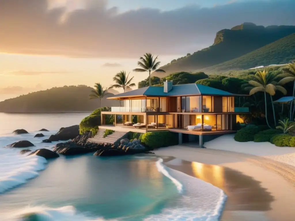Villa de lujo frente al mar al atardecer Inversión en propiedades costeras seguras: lujosa villa frente al mar al atardecer
