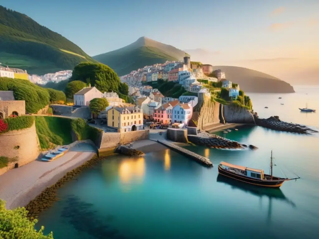 Pintoresco pueblo costero al atardecer: serenidad y encanto Inversión en propiedades costeras seguras: Pintoresco pueblo costero al atardecer con edificios pastel y barcos pesqueros