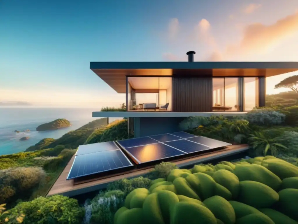 Propiedad costera sostenible: diseño innovador y ecoamigable Propiedades costeras sostenibles innovadoras: Casa con paneles solares, jardines verticales y vista al mar al atardecer