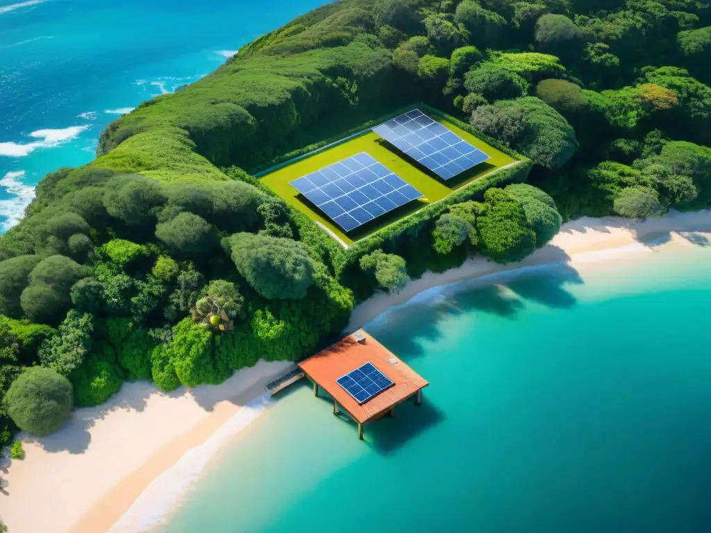 Propiedad costera ecológica: vista aérea impresionante Inversión en propiedades costeras sostenibles con paneles solares brillantes, rodeadas de exuberante vegetación y vista al mar