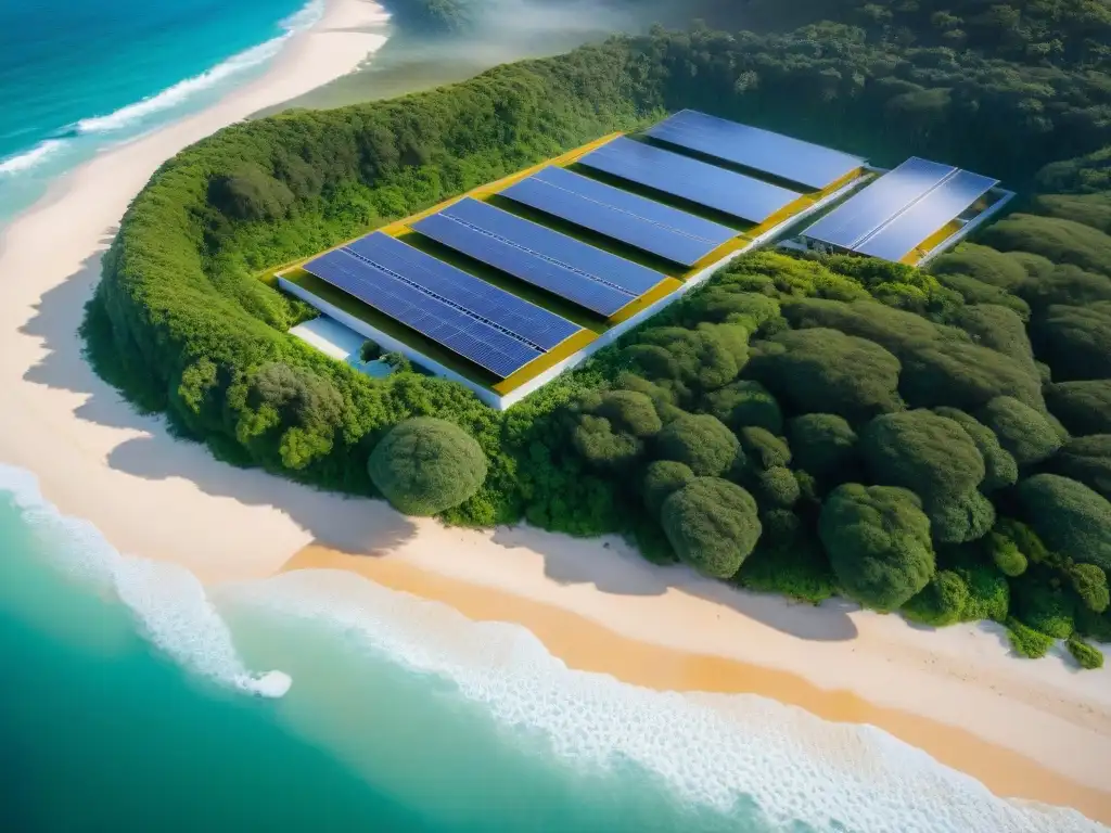 Inversión en propiedades costeras sustentables: arquitectura ecoamigable integrada con el entorno natural y paneles solares brillando al sol