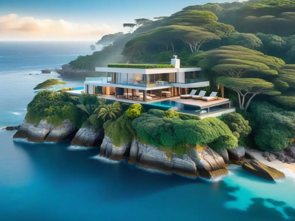 Propiedad costera de lujo con vistas panorámicas al mar Propiedades costeras con tours virtuales: moderna vivienda en acantilado con vistas al mar y exuberante vegetación