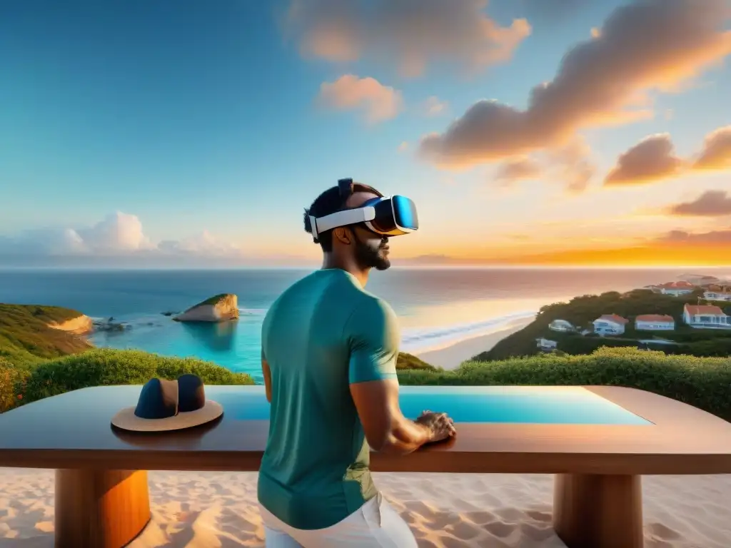 Desarrollo inmobiliario costero futurista con tecnología VR Propiedades costeras con tours virtuales: desarrollo inmobiliario moderno fusionando arquitectura futurista con paisaje costero
