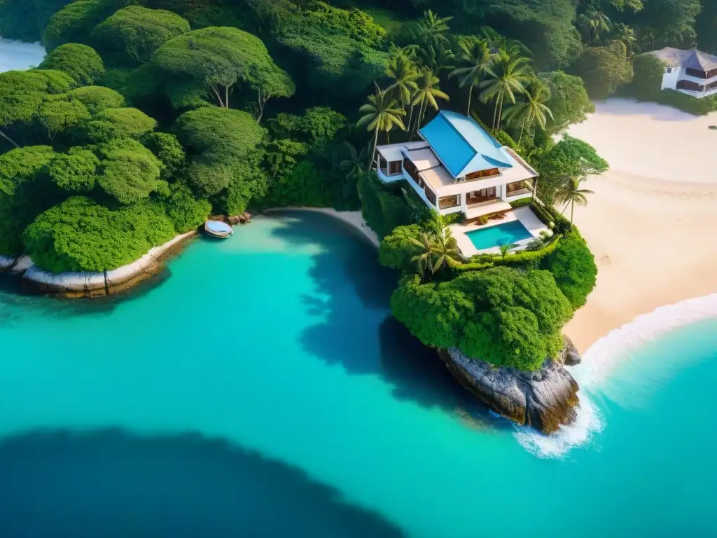 Propiedad costera de ensueño: playa dorada, aguas turquesas y villa de lujo Propiedades costeras con tours virtuales: vista aérea de una lujosa villa blanca rodeada de palmeras, playas doradas y aguas turquesas