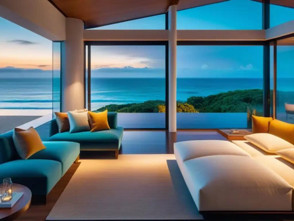 Residencia de lujo frente al mar con vista panorámica Propiedades costeras tours virtuales: Mansión de lujo frente al mar con vista panorámica al océano, interior moderno y elegante al atardecer