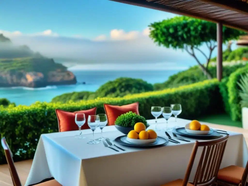 Propiedad costera de lujo con vista al mar y comedor al aire libre elegante Propiedades costeras vida junto al mar: Exquisita área de comedor al aire libre con vista al océano y elegante vajilla