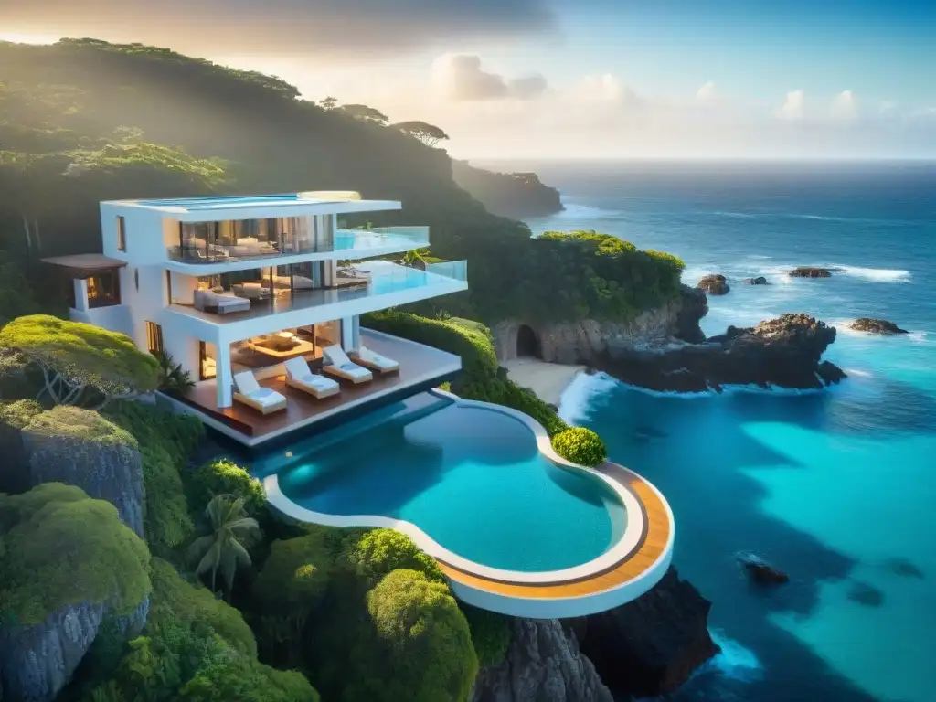 Propiedad de lujo en acantilado con vista al mar Propiedades costeras vida junto al mar: lujosa villa en acantilado con piscina infinita y vista al océano al atardecer