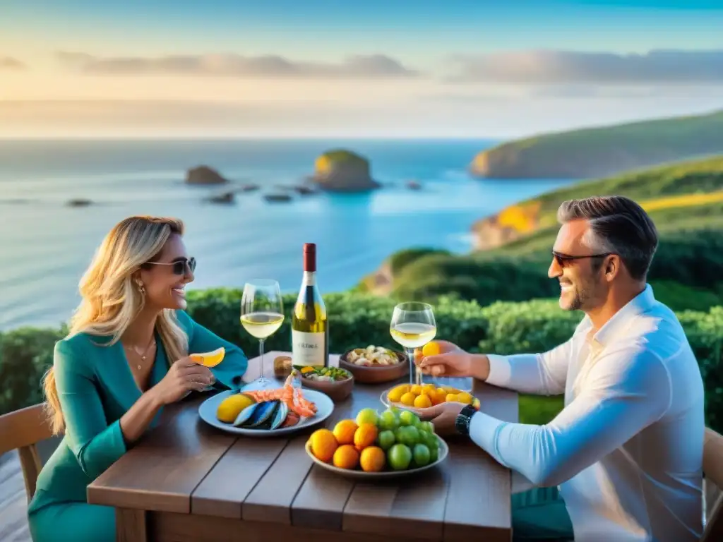 Exquisita cena costera al atardecer con marisco y vino blanco Propiedades costeras vida junto al mar: Mesa con mariscos frescos, frutas y vino blanco en muelle rústico con vista al océano al atardecer