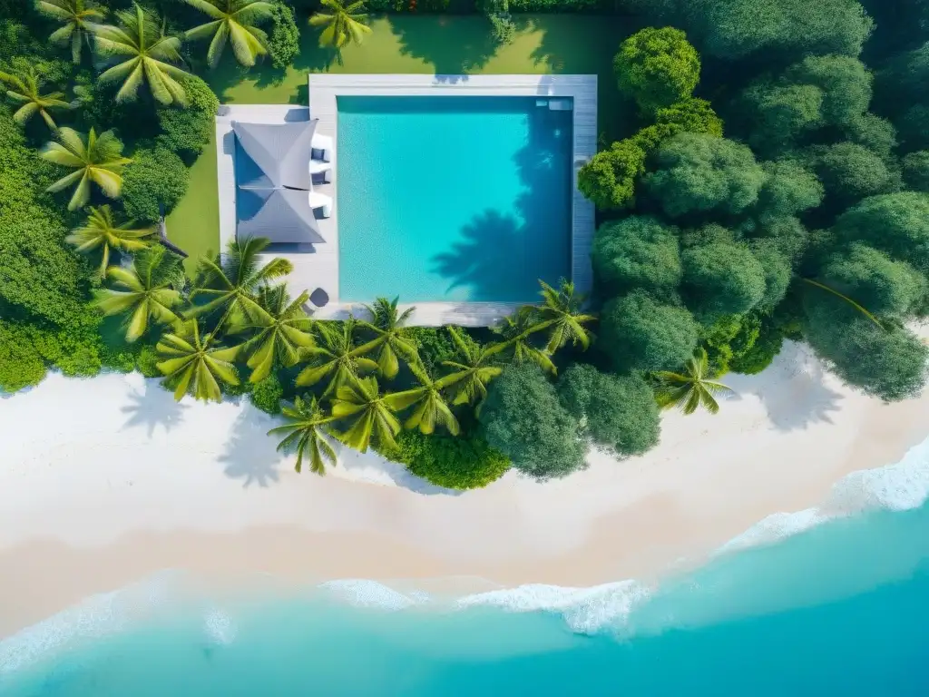 Propiedad de lujo en paraíso tropical con vista impresionante Propiedades costeras para vida tropical: lujosa propiedad entre palmeras, piscina infinity y playa de arena blanca