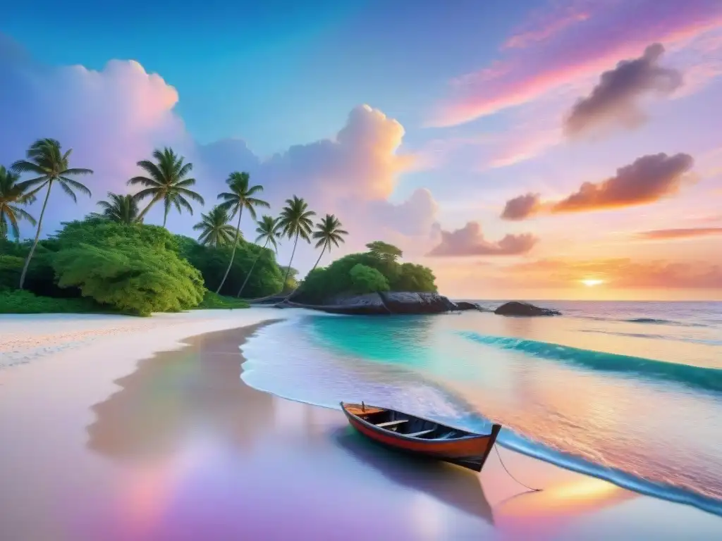 Paraíso tropical: playa de arena blanca y aguas cristalinas Propiedades costeras para vida tropical: Playa de arena blanca, palmeras, aguas cristalinas y atardecer tropical