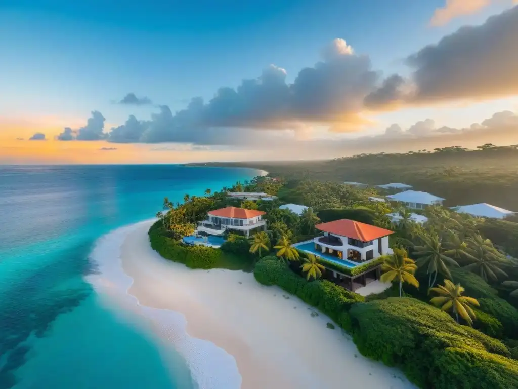Villas de lujo en playa paradisíaca al atardecer Propiedades costeras de revalorización inversión: Villas lujosas frente al mar, atardecer dorado y aguas turquesas