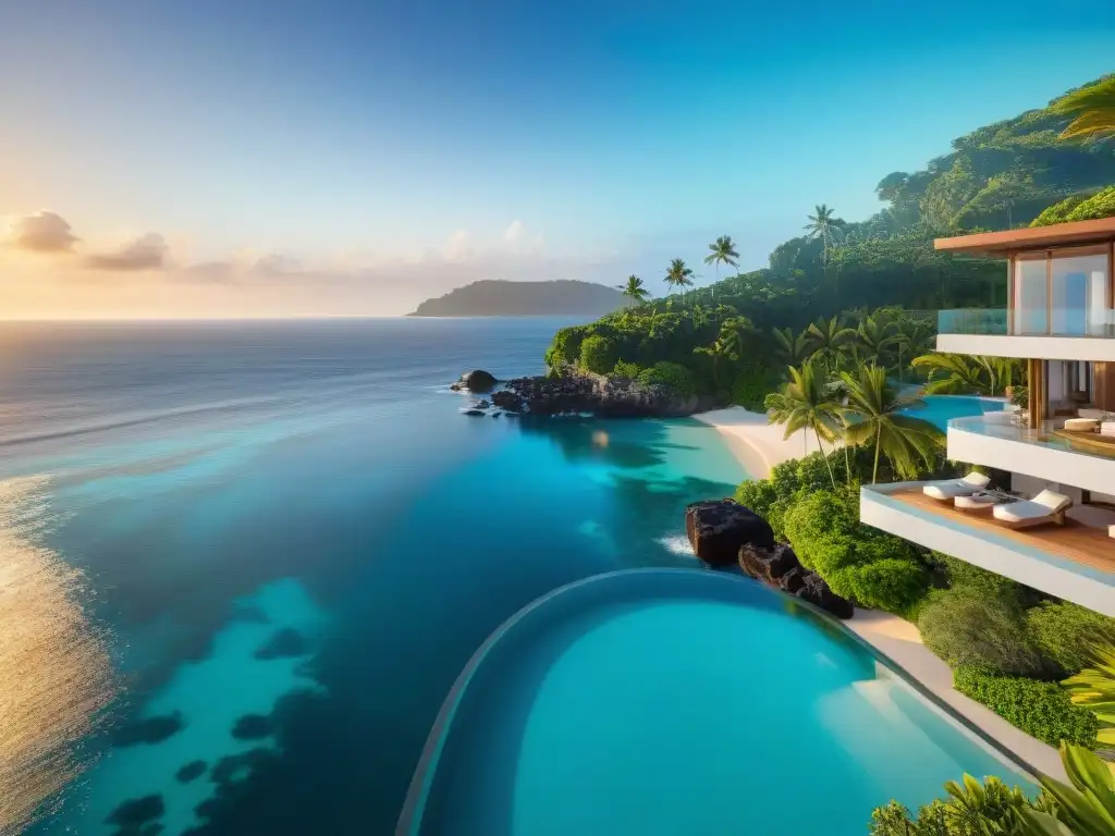 Villa de lujo con vistas al mar en atardecer dorado Propiedades costeras virtuales de lujo: Una villa moderna en un acantilado, con piscina infinita y jardines tropicales, bajo una cálida puesta de sol