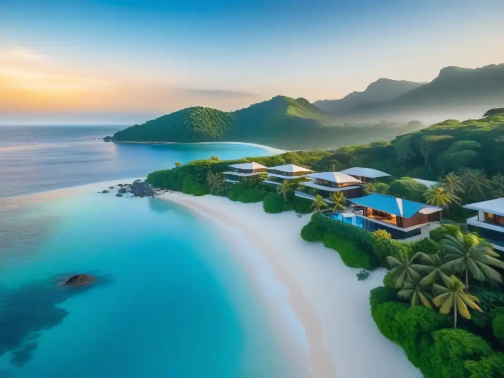 Paraíso costero de lujo con vistas impresionantes Propiedades costeras virtuales de lujo: Vista aérea de una propiedad lujosa en la costa con aguas cristalinas, playas blancas y atardecer dorado