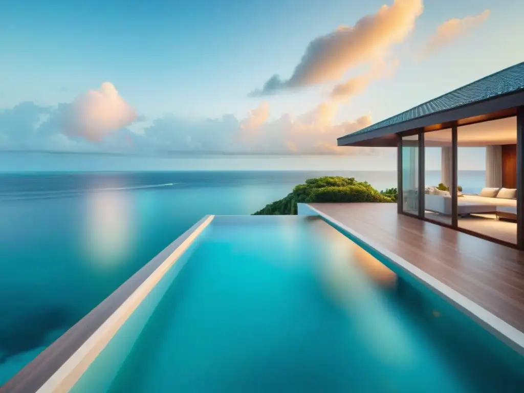 Propiedad costera de lujo: villa moderna con vista al mar en 8k Propiedades costeras virtuales de lujo: villa moderna con piscina infinita, aguas cristalinas y yate elegante al atardecer