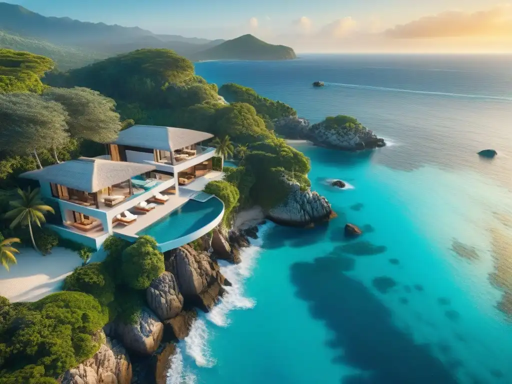 Propiedad costera virtual de lujo: villa moderna con vista al mar Propiedades costeras virtuales de lujo: vista aérea de ensueño con playa, agua turquesa y villa moderna en acantilado al atardecer