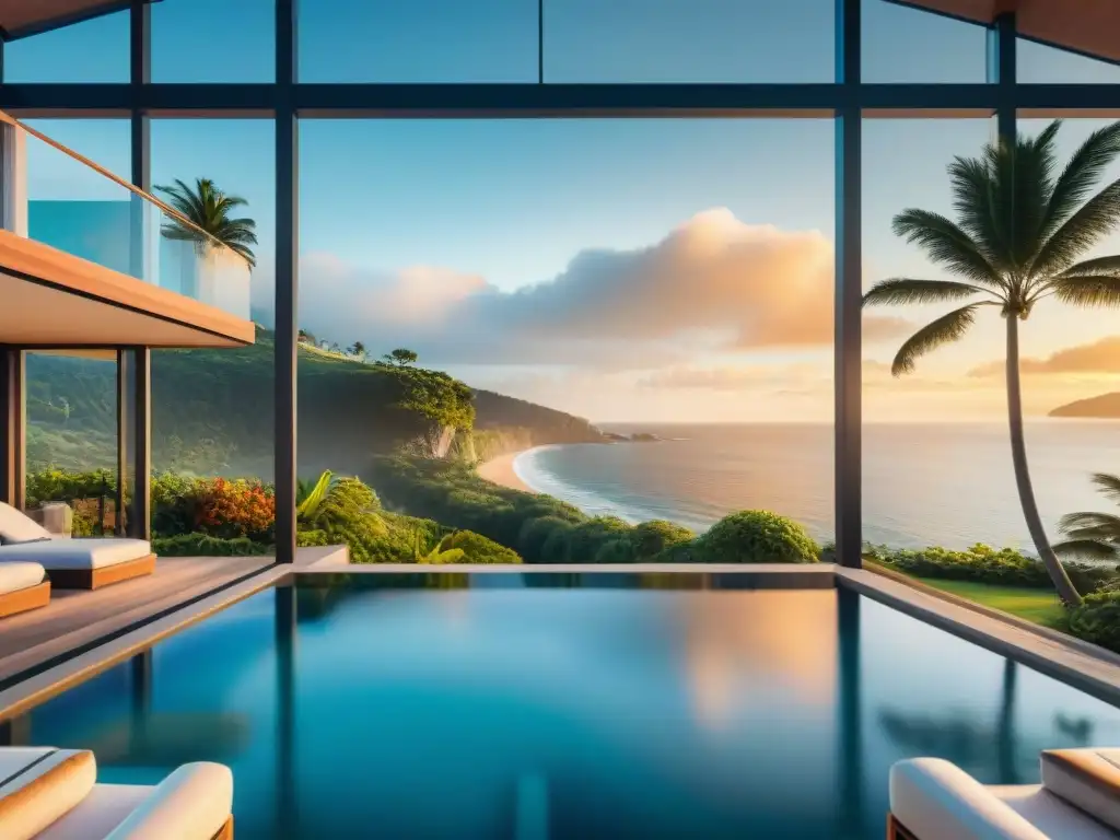 Villa de lujo frente al mar: experiencia inmersiva en realidad virtual Propiedades costeras virtuales de lujo: Moderna villa frente al mar con piscina infinita privada y jardín tropical al atardecer