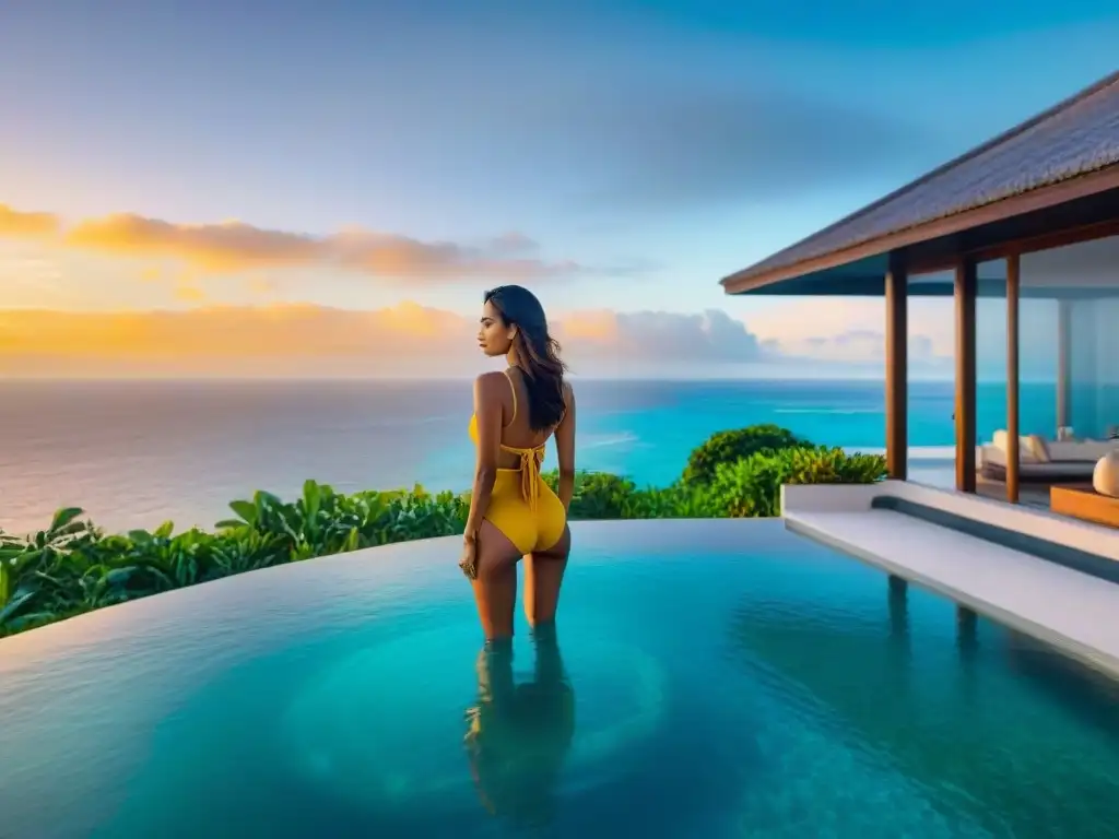 Villa de lujo frente al mar al atardecer en 8k Propiedades costeras virtuales de lujo: Moderna villa con vistas panorámicas al mar al atardecer