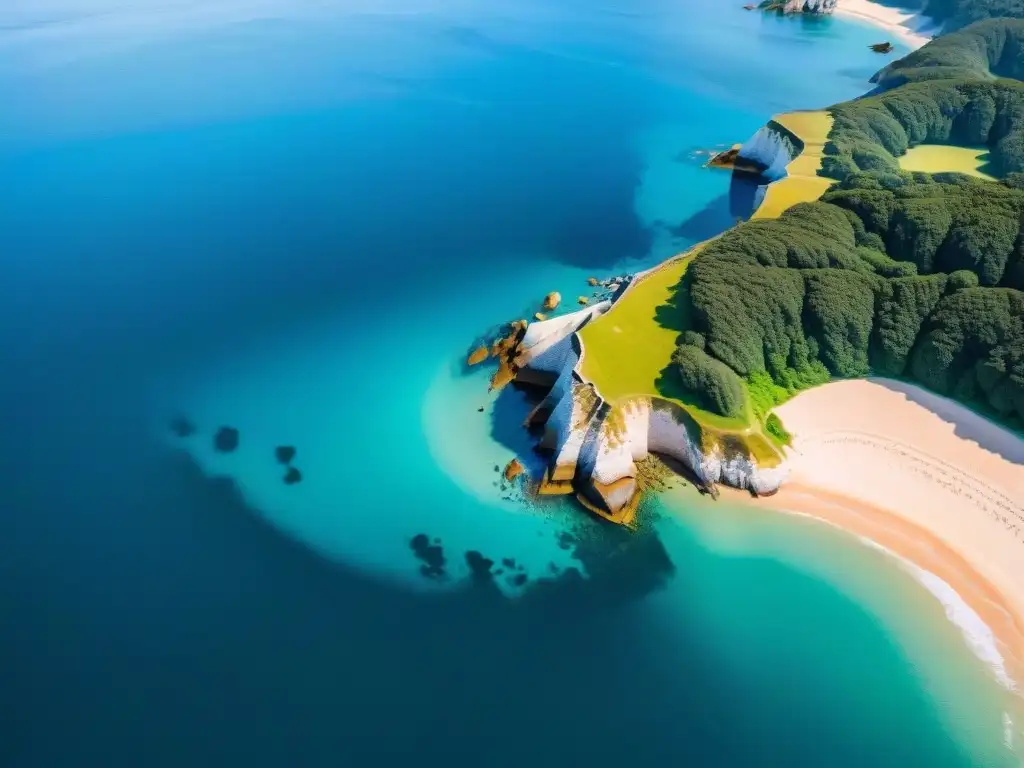 Costa protegida: belleza natural y defensas contra la erosión Protección contra erosión en propiedades costeras: Vista aérea de costa con aguas azules y rompeolas estratégicos