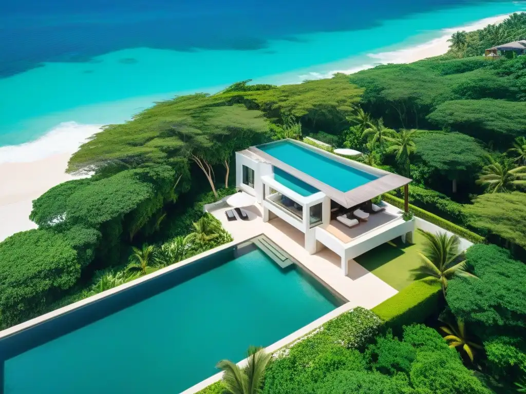 Propiedad costera de lujo: vista aérea impresionante Inversión en propiedades costeras: Vista aérea de lujo con playa de arena blanca, aguas turquesas y villa exclusiva con piscina infinita