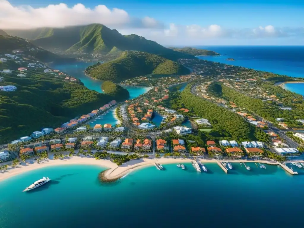 Costa de lujo: pueblo costero con propiedades frente al mar Inversión en propiedades costeras: Vista aérea de un pintoresco pueblo costero con propiedades de lujo frente al mar, playas doradas y palmeras