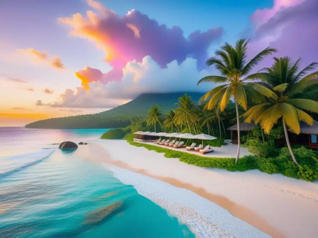 Paraíso playero: lujo y romance bajo el atardecer tropical Propiedades costeras: vista aérea de lujosa casa con piscina infinita frente al mar turquesa, pareja camina en la playa al atardecer