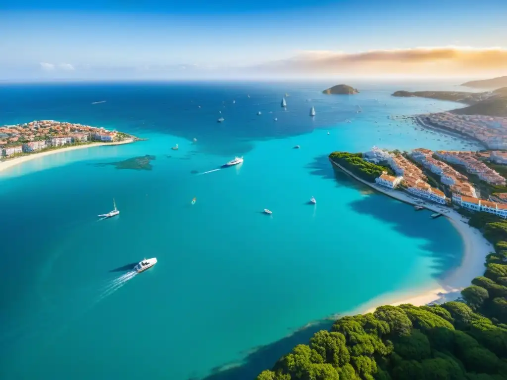 Horizonte costero vibrante: inversión en propiedades junto al mar Invertir en propiedades costeras: Vista aérea de ciudad costera con puerto, playas y arquitectura moderna y tradicional
