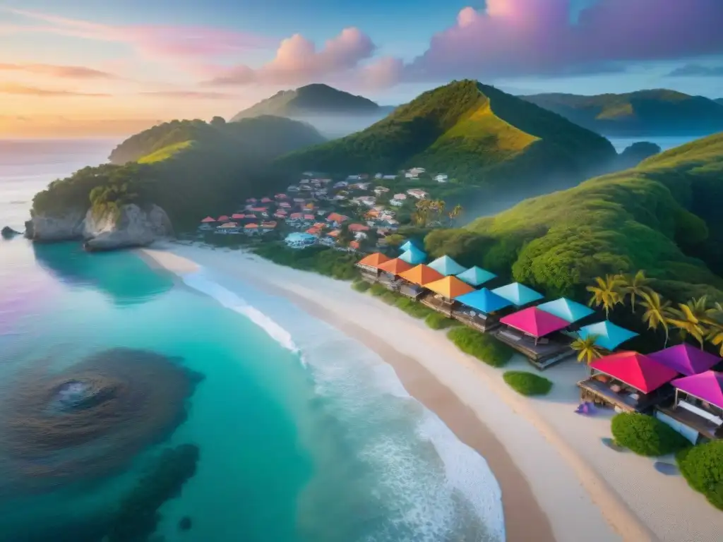 Pintoresco paraíso costero: playa de aguas turquesa y atardecer mágico Invierte en propiedades costeras ahora: vista aérea de un paraíso costero con playa de arena, aguas turquesas y atardecer pintoresco