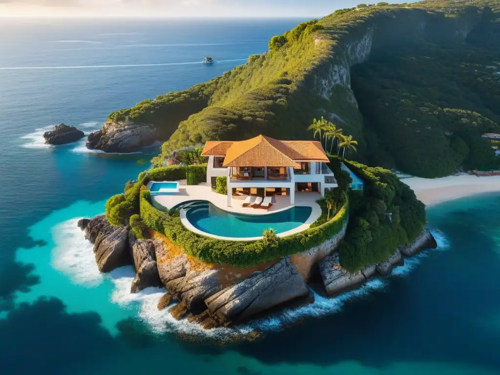 Propiedad de lujo en acantilado con vista panorámica al mar Propiedades costeras vistas aéreas: Una mansión de lujo en un acantilado con piscina infinita y jardines verdes, frente al mar turquesa
