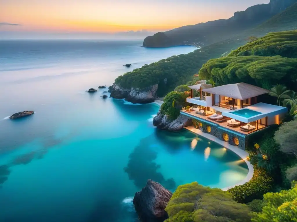 Villa de lujo con infinity pool en acantilado y vistas al mar Propiedades costeras vistas aéreas: Villa de lujo en acantilado con piscina infinita privada, atardecer dorado y yates en el mar