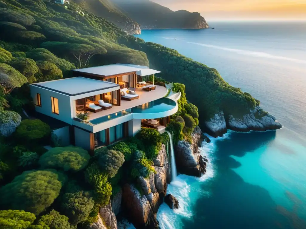 Propiedad costera de lujo al atardecer: vista aérea impresionante Propiedades costeras vistas aéreas: Una lujosa villa moderna en acantilado, bañada por la cálida luz dorada del atardecer sobre aguas turquesas